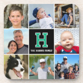 フォトコラージュモノグラムのファミリーグリーンブラック コースター (正面)