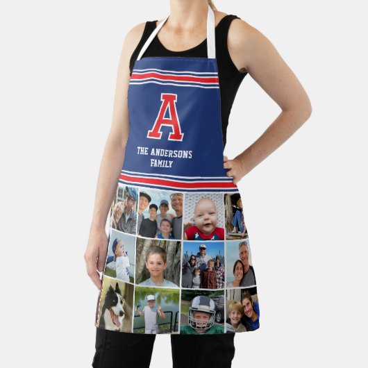 フォトコラージュモノグラムのファミリー赤ネイビーブルー エプロン (インサイチュ)