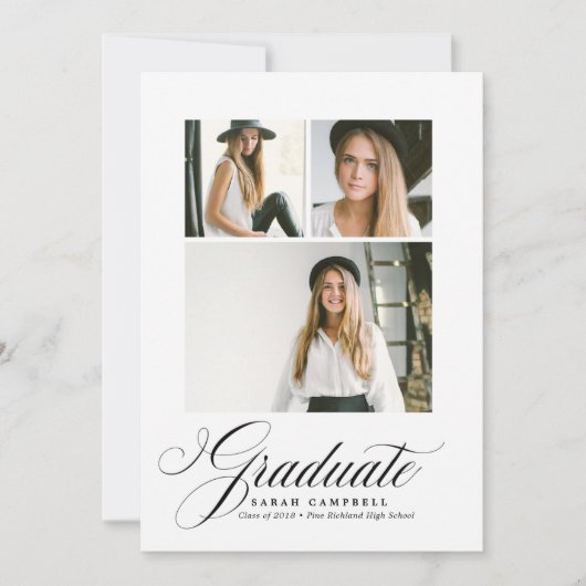 フォトコラージュ卒業カード黒/3枚の写真 招待状 (正面)