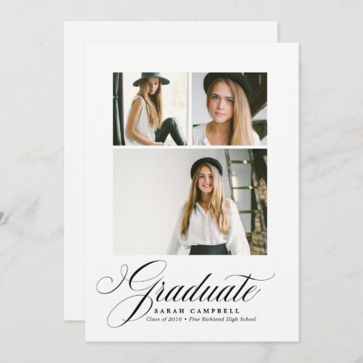 フォトコラージュ卒業カード黒/3枚の写真 招待状 (正面/裏面)