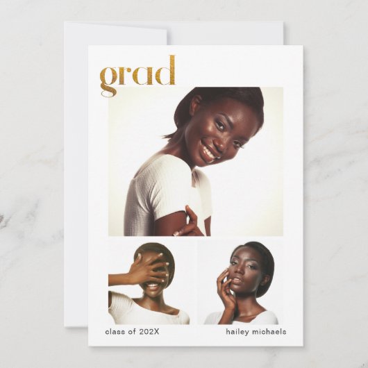 フォトコラージュ卒業パーティーフェイク金ゴールド 招待状 (正面)