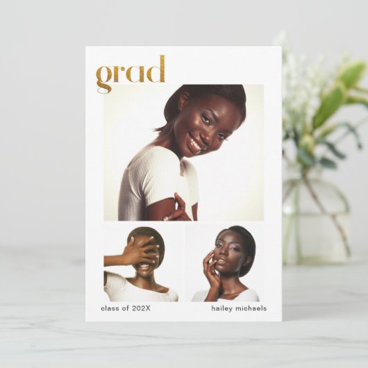 フォトコラージュ卒業パーティーフェイク金ゴールド 招待状 (スタンド正面)