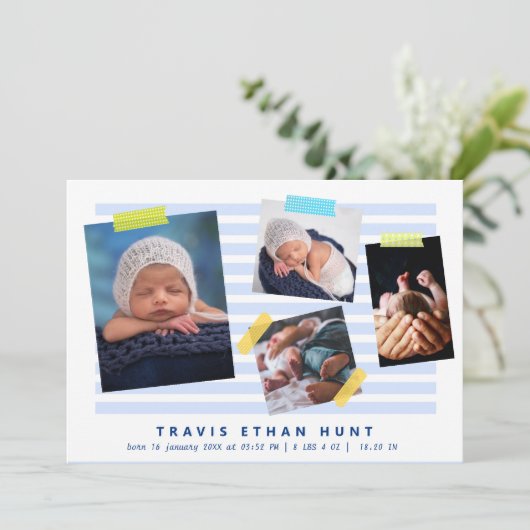 フォトコラージュ和紙テープ生まれたばかりの男の赤ちゃん誕生 案内状 (スタンド正面)