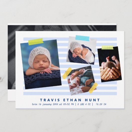 フォトコラージュ和紙テープ生まれたばかりの男の赤ちゃん誕生 案内状 (正面/裏面)