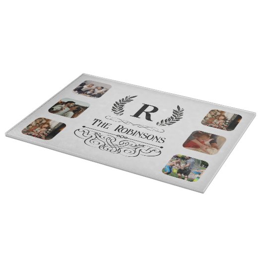 フォトコラージュ家族の名前とモノグラムのカスタム カッティングボード (角)