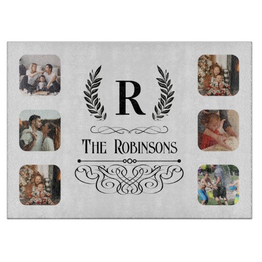 フォトコラージュ家族の名前とモノグラムのカスタム カッティングボード (正面)