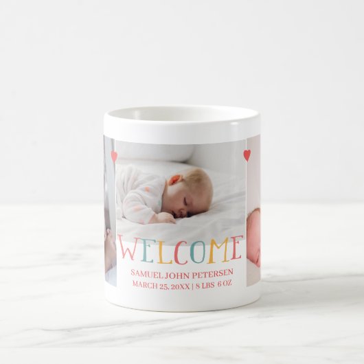 フォトコラージュ家族ウェルカム生まれたばかりのベビー コーヒーマグカップ (中央)