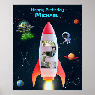 フォトコラージュ巨額2   第2誕生日宇宙ロケット ポスター