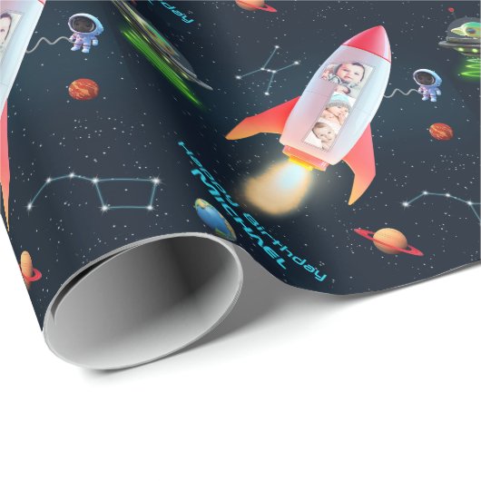 フォトコラージュ巨額 | 宇宙ロケット1歳の誕生日 ラッピングペーパー (ロールコーナー)