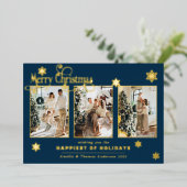 フォトコラージュ数々のネイビーブルーゴールドフォイルスノー 箔シーズンカード (立ち正面)