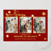 フォトコラージュ数々のファミリーレッドゴールドフォイルスノー 箔シーズンカード (正面)