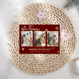 フォトコラージュ数々のブルゴーニュレッドフォイル雪 箔シーズンカード