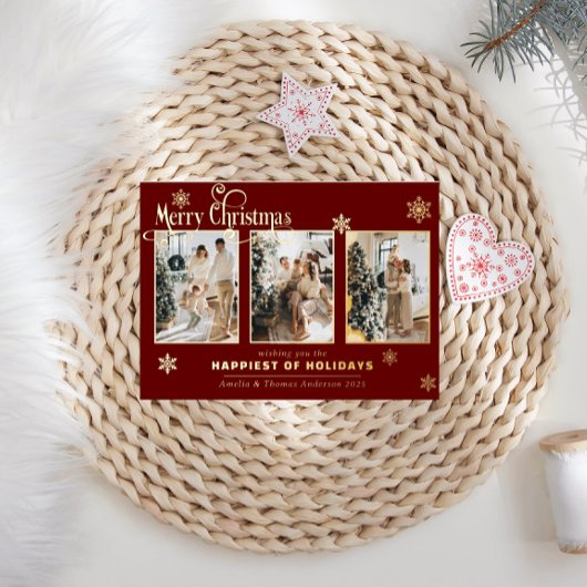 フォトコラージュ数々のブルゴーニュレッドフォイル雪 箔シーズンカード