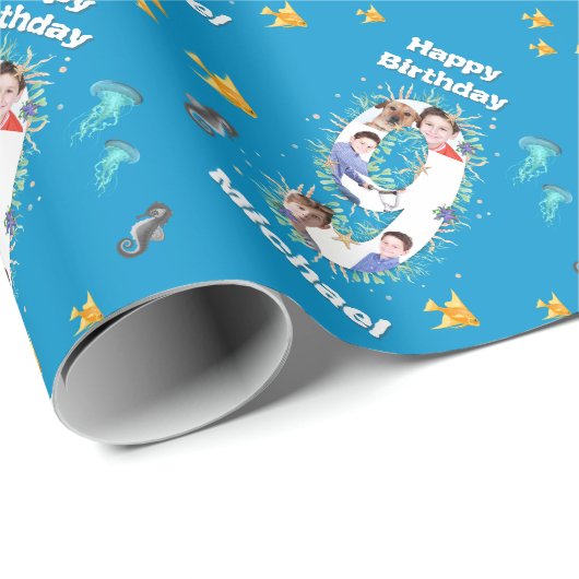 フォトコラージュ海の下の大きな9誕生日 ラッピングペーパー (ロールコーナー)