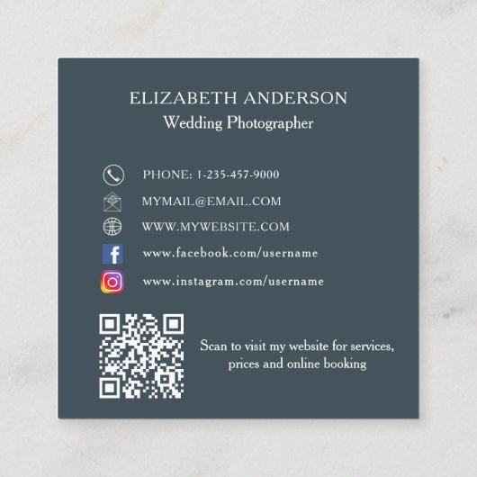 フォトコラージュ炭グレーQRコードソーシャルメディア スクエア名刺 (裏面)