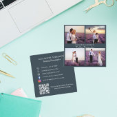 フォトコラージュ炭グレーQRコードソーシャルメディア スクエア名刺