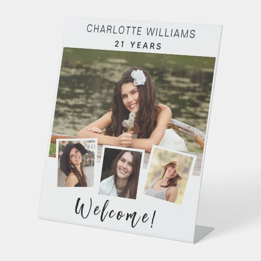 フォトコラージュ白い誕生日パーティーへようこそ 台座サイン (正面)