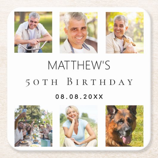 フォトコラージュ白い誕生日パーティー スクエアペーパーコースター (正面)
