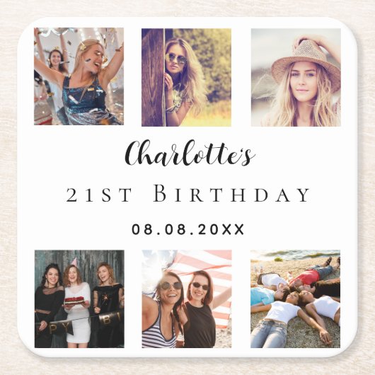 フォトコラージュ白い誕生日パーティー スクエアペーパーコースター (正面)