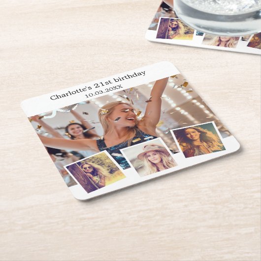 フォトコラージュ白い誕生日パーティー スクエアペーパーコースター (アングル)