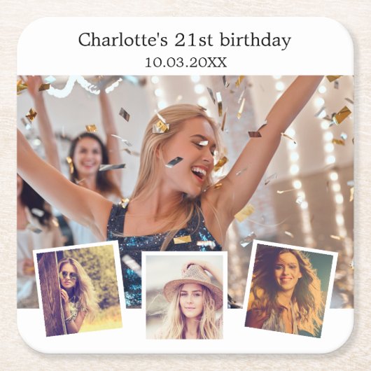 フォトコラージュ白い誕生日パーティー スクエアペーパーコースター (正面)