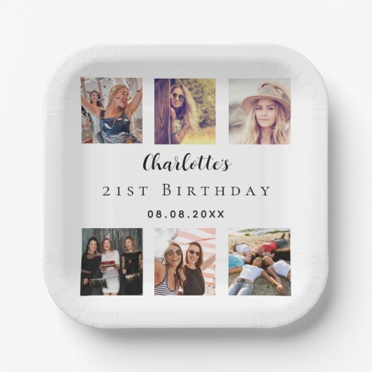 フォトコラージュ白い誕生日パーティー ペーパープレート (正面)