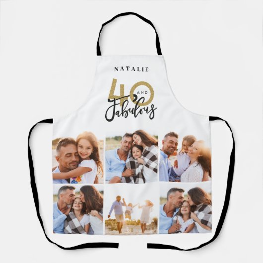 フォトコラージュ白と金ゴールド40歳の誕生日モダン エプロン (正面)