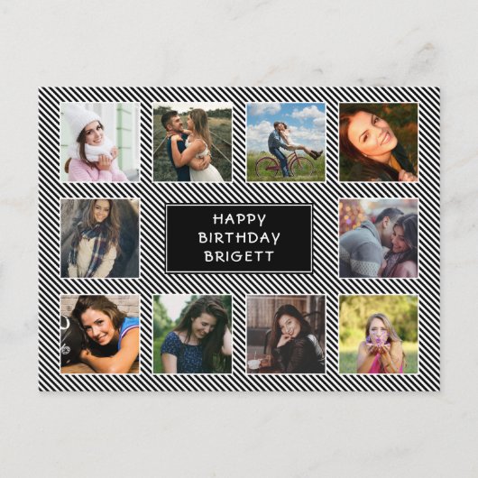 フォトコラージュ白黒ストライプの誕生日 ポストカード (正面)