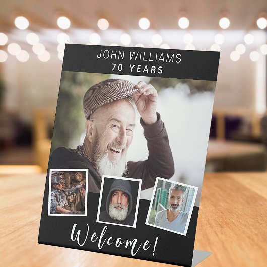 フォトコラージュ白黒誕生日パーティーへようこそ 台座サイン