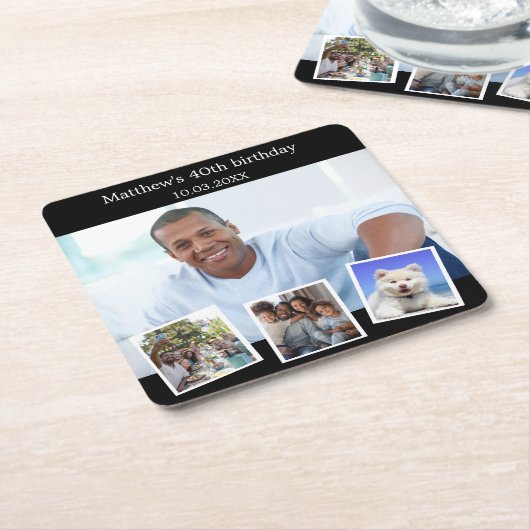 フォトコラージュ白黒誕生日パーティー スクエアペーパーコースター (アングル)