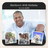 フォトコラージュ白黒誕生日パーティー スクエアペーパーコースター (正面)