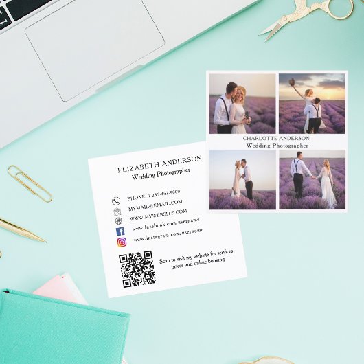 フォトコラージュ白黒黒QRコードSNS スクエア名刺