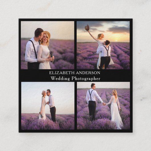 フォトコラージュ白黒QRソーシャルメディアのプレミアム スクエア名刺 (正面)