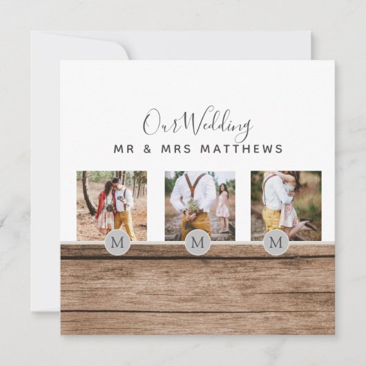 フォトコラージュ素朴モノグラムNEWLYWEDS結婚のバージョン 招待状 (正面)