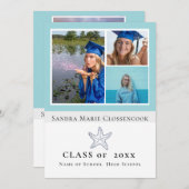 フォトコラージュ航海のティール(緑がかった色)ブルースターフィッシュ卒業生 案内状 (正面/裏面)