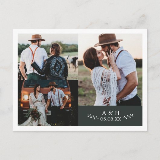 フォトコラージュ葉モノグラム結婚のサンキューカード 案内ポストカード (正面)