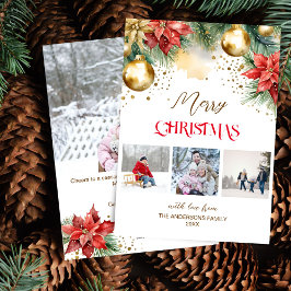 フォトコラージュ赤金ゴールドポインセチアのクリスマス シーズンカード