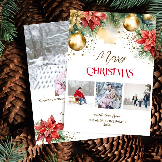 フォトコラージュ赤金ゴールドポインセチアのクリスマス シーズンカード