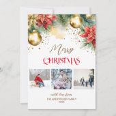フォトコラージュ赤金ゴールドポインセチアのクリスマス シーズンカード (正面)