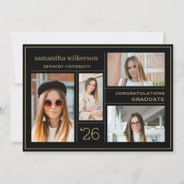 フォトコラージュ金ゴールド&ブラックおめでとう卒業 案内状