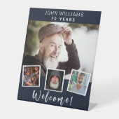 フォトコラージュ青い白い誕生日パーティーへようこそ 台座サイン (正面)