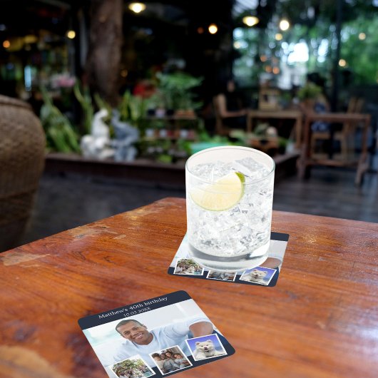 フォトコラージュ青い白い誕生日パーティー スクエアペーパーコースター