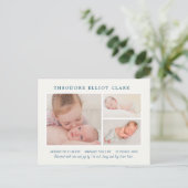 フォトコラージュ青ハンサム少年の誕生のお知らせ ポストカード (スタンド正面)