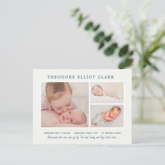 フォトコラージュ青ハンサム少年の誕生のお知らせ ポストカード (スタンド正面)