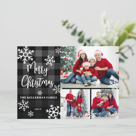 フォトコラージュ黒い格子模様メリークリスマス シーズンカード (スタンド正面)