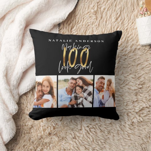 フォトコラージュ黒と金ゴールド100歳の誕生日   クッション (ブランケット)