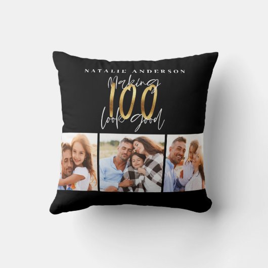 フォトコラージュ黒と金ゴールド100歳の誕生日   クッション (裏面)
