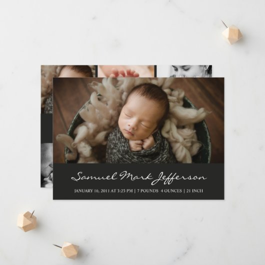 フォトコラージュ黒生まれたばかりの男の赤ちゃんユニセックス誕生 案内状 (正面/裏面インサイチュ)