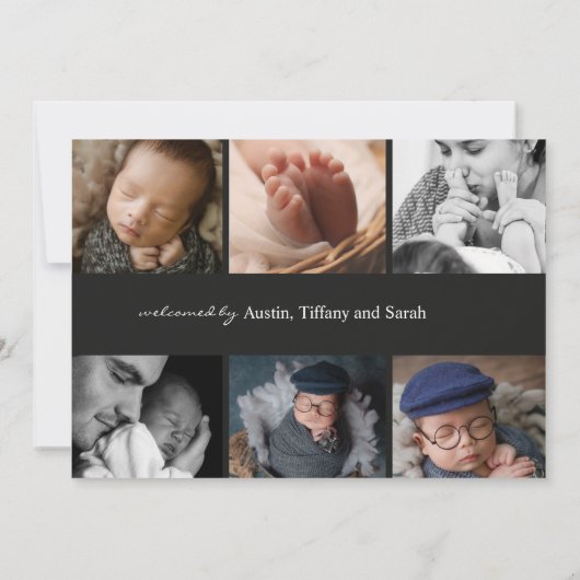 フォトコラージュ黒生まれたばかりの男の赤ちゃんユニセックス誕生 案内状 (裏面)