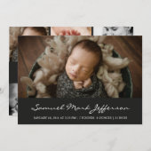 フォトコラージュ黒生まれたばかりの男の赤ちゃんユニセックス誕生 案内状 (正面/裏面)